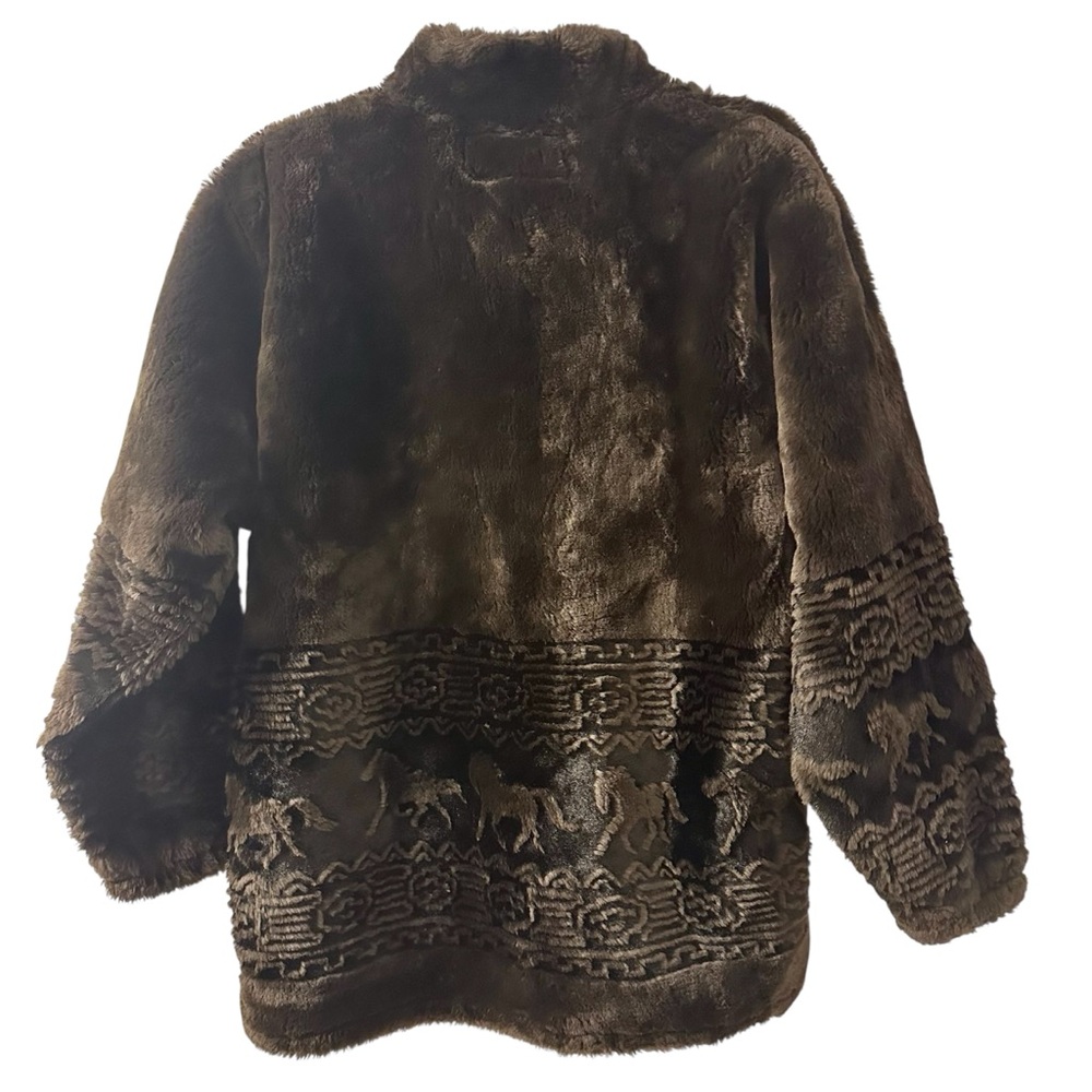 Vintage Bear Ridge Outfitters Brown Faux Fur Coat Horse Nature Pattern Sz Medium - Picture 2 of 8